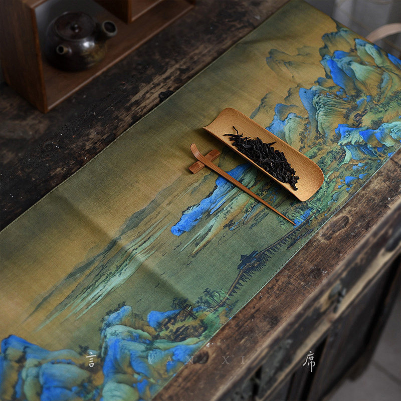 Thousands of miles of rivers and mountains printing Qingming Shanghe map large tea table cotton and linen cloth art Zen table flag Chinese ancient famous painting tea curtain