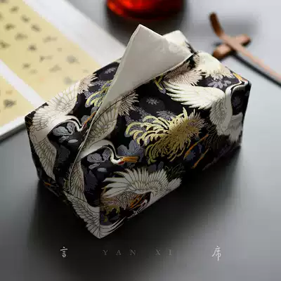 Hot stamping crane tissue box fabric high-end light luxury sanitary paper box Chinese tea room living room household paper towel bag