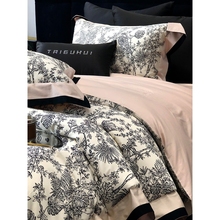 希尔顿轻奢风100S天丝棉床单四件套美式花卉数码印花全棉被套床上
