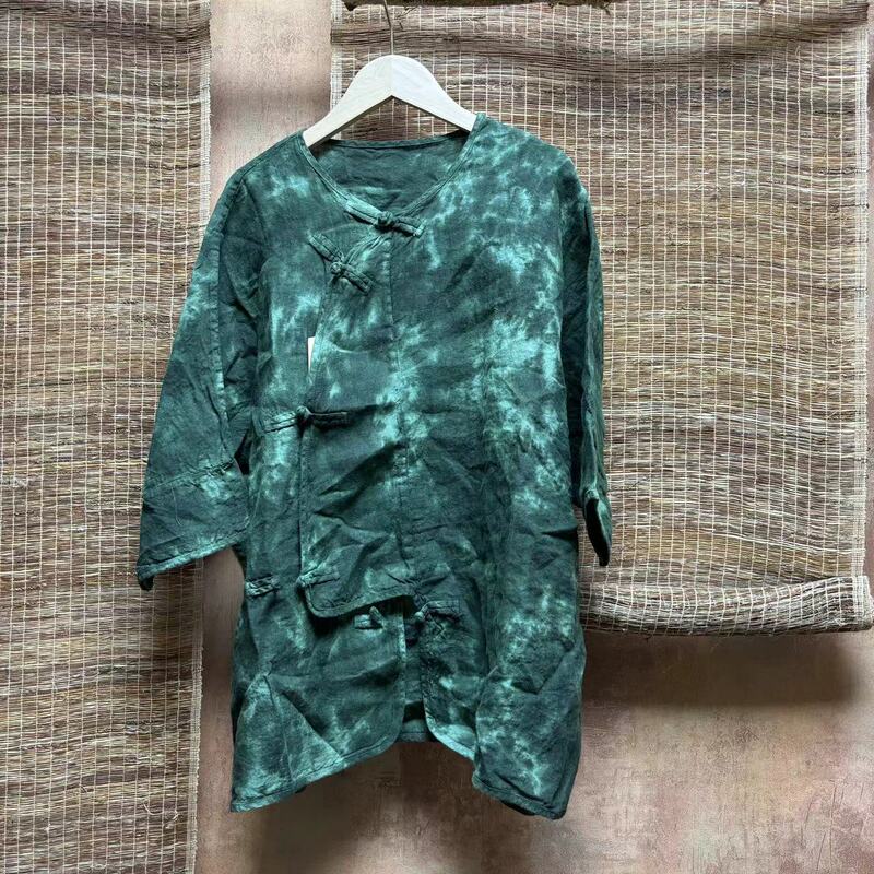 6620 Mori Girl Style Summer New Heavy-Duty Vintage Tie-Dye V-Neck Button-Up Top