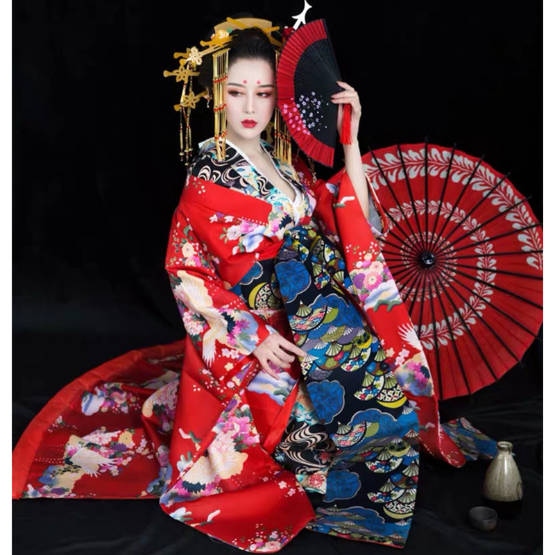 Flower Girl Kimono Set Chinese Wu-Style Hanfu Ancient Costume Bride Show Kimono Dress Large Sleeves with Train Japanese Style