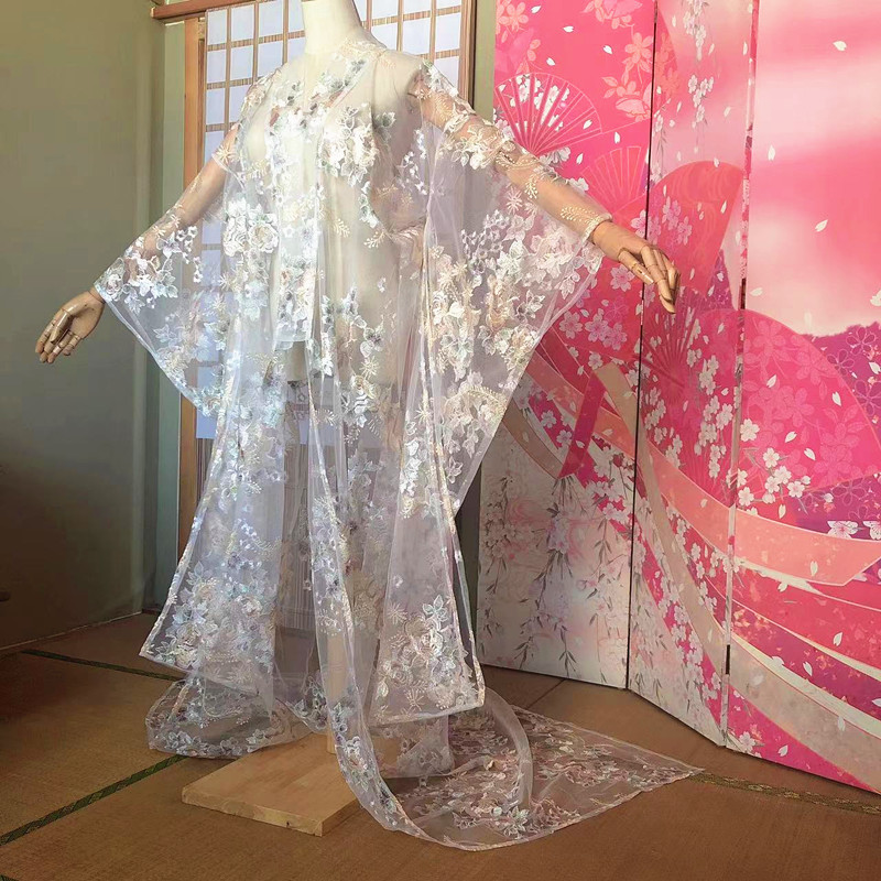 Gauze Gown, Kimono, Chinese Wu-Style Clothing, Embroidered Three-Dimensional Flower Dance Costume, Bride's Hanfu with a Train, Large Sleeves, Japanese Style