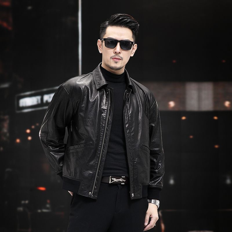 Tiktok-Style Men's Top-Layer Calfskin Leather Jacket, New Spring and Autumn Genuine Leather Jacket, Loose Fit, Trendy, Casual, Versatile