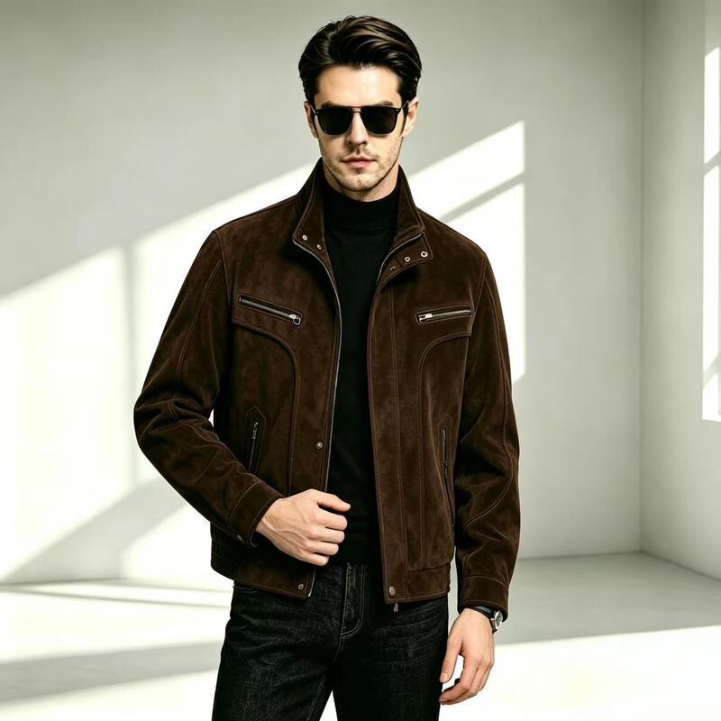 Haining Genuine Leather Jacket for Men, Short Suede Genuine Goat Leather Jacket, Stand Collar Biker Jacket, Vintage Thin Trendy Coat