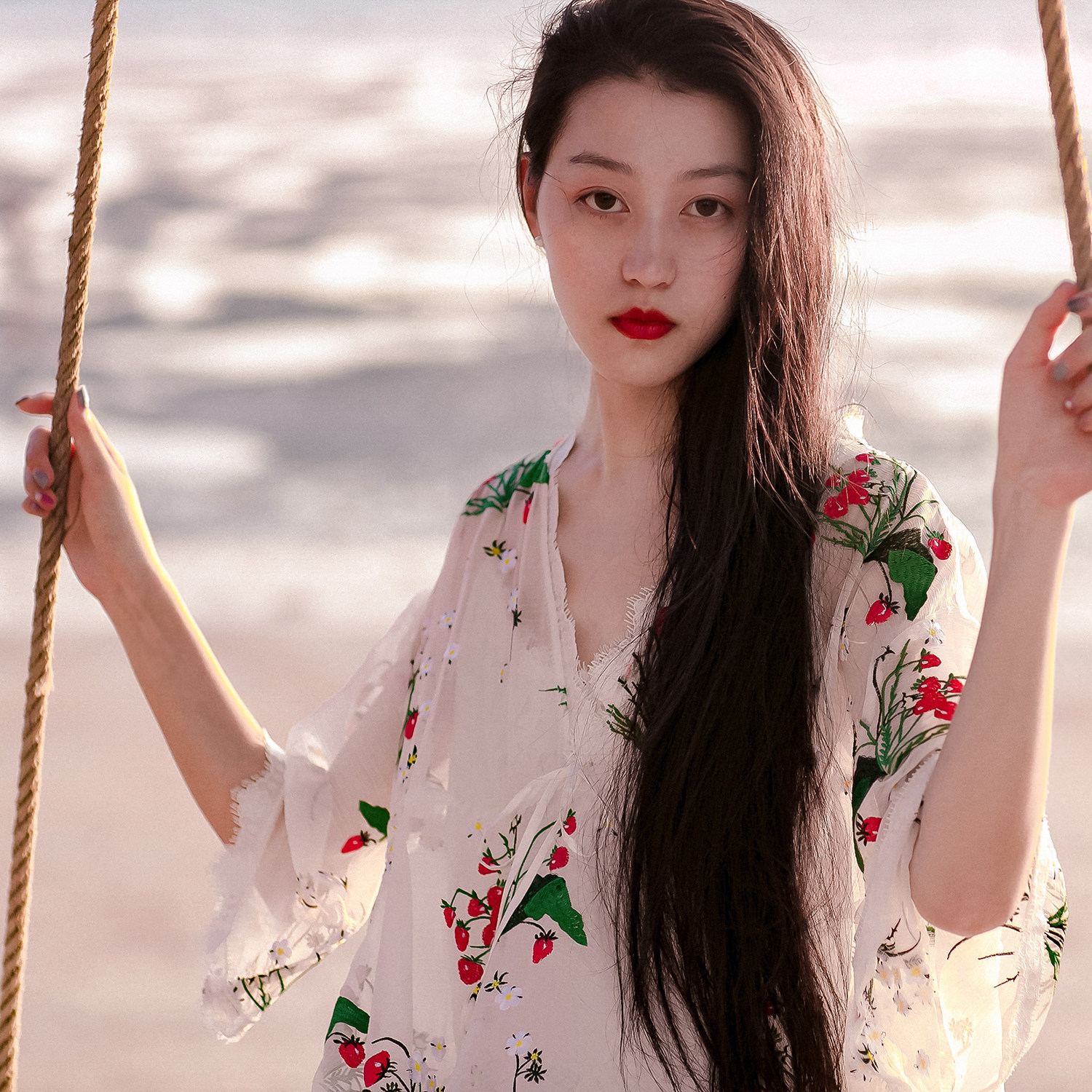 Strawberry embroidery V-collar sleeve dress \clearance special \\\\\\\\\\\\\\\\\\\\\\\\\\\\\\\\\\\\