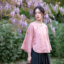 Red pink incense spring and summer jacquard satin inverted big sleeve small shirt womens coat Chinese retro Republic of China