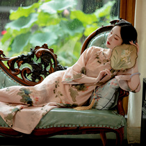 Pink anemones in summer -- a city of wind flops -- summer and hemp printed retro Republic of China wind down big sleeves One-piece loose qipao