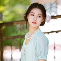 Green sleeves -- summer-style silk cotton V collar retro fairy-style bubble sleeveless wind with gentle wind and dress everyday young