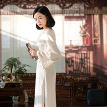 White walnut spring and autumn comfortable and warm city windfall home clothes big sleeve knitted long sweater dress women