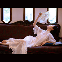 The light of the White Moon -- a city of wind power -- spring and summer silk cotton rework embroidered floral retro youthful long style dress with dress