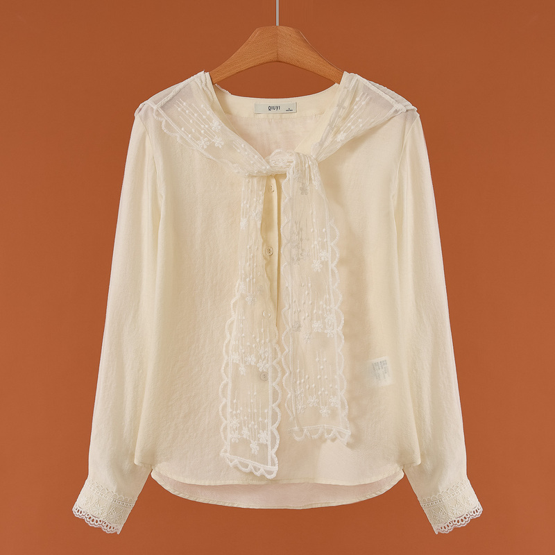46913% Acetic Acid【Yi】Spring Lace Shawl Trim Sleeve V-Neck Shirt 115 Cut Label