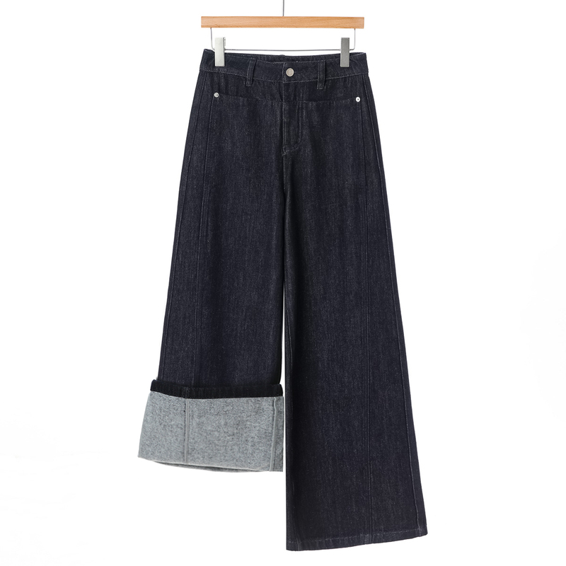 699【Mo Y】Winter Clothing Hong Kong Style Tall Vertical Pocket Fleece-Lined Wide-Leg Jeans 378 Cut Label