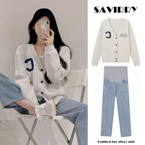 Maternity wear autumn and winter suit new Korean style knitted cardigan v-neck sweater coat French style breast top small fragrance