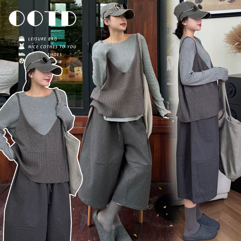 Pregnant Women's New Spring and Autumn Fashionable Loose Knitted Camisole Slimming Vest Base Shirt Wide-Leg Cropped Pants Casual Set Pregnant Women's New Spring and Autumn Fashionable Loose Knitted Camisole Slimming Vest Base Shirt Wide-Leg Cropped Pants Casual Set