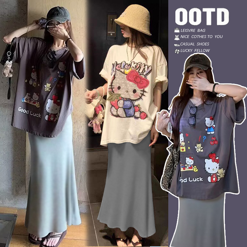 Maternity Summer Suit 2026 New Korean Style Loose Kitty Cat Print Short-Sleeved T-Shirt Top Fashionable Two-Piece Set