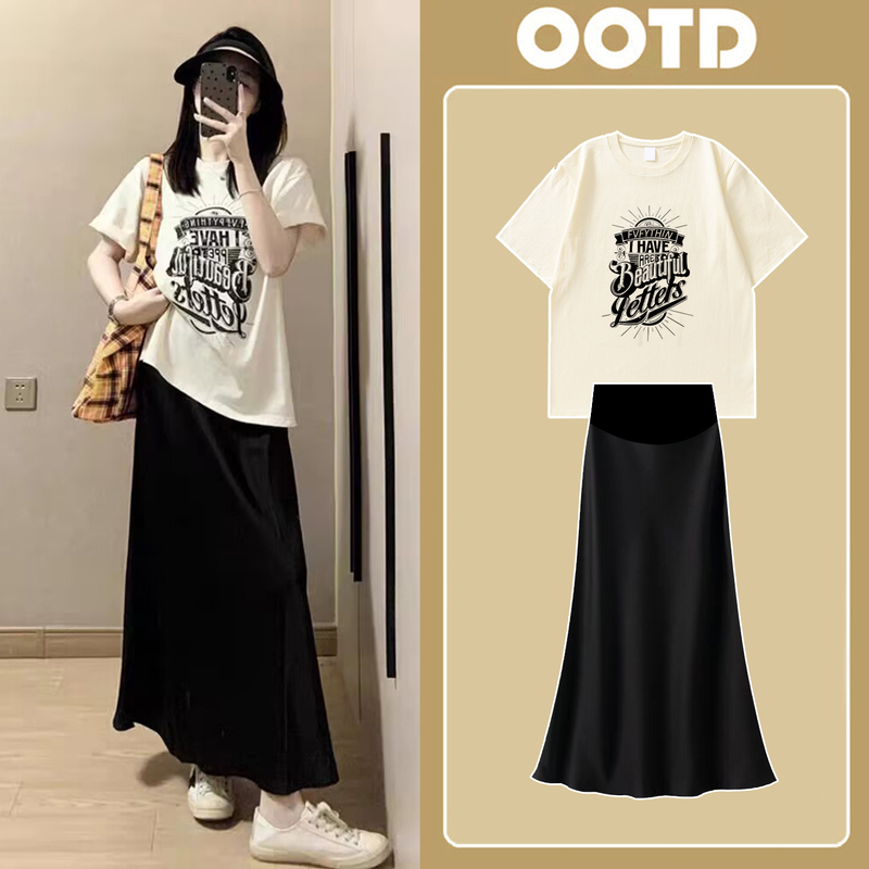 Maternity Wear Summer Set, Korean Style Loose-Fitting Letter-Printed Short-Sleeved T-Shirt Top, High-End Two-Piece Set That Doesn'T Show Pregnancy