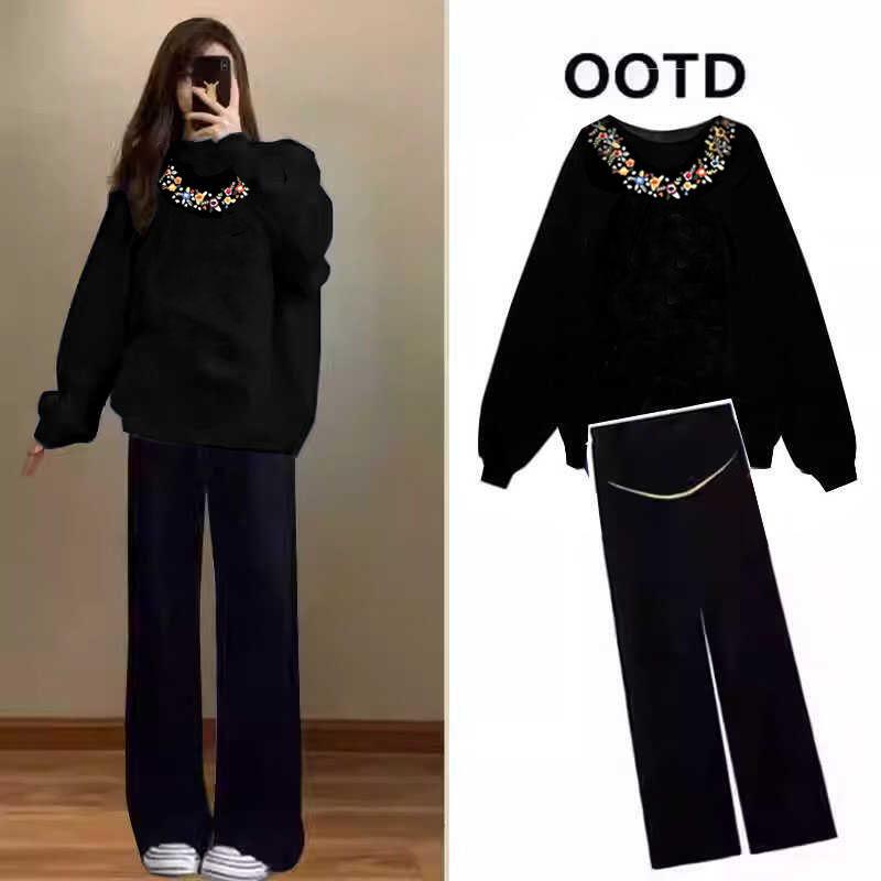 Maternity Wear Spring and Autumn Suit New Korean Style Top Loose American Style Large Size Floral Sweatshirt Casual Winter Two-Piece Set