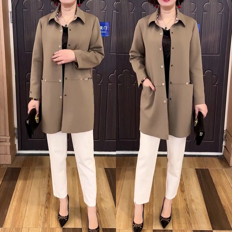 Spring and Autumn New Stylish and Fashionable Jacket, Slimming Top for Middle-Aged Women, Cardigan, Mid-Length Mother's Clothing, Casual Trench Coat