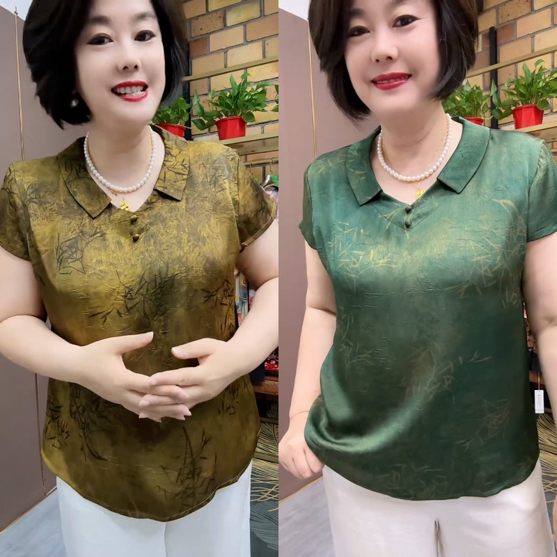 Summer New Silk Satin Shirt, Fashionable and Age-Reducing, Middle-Aged and Elderly Mother's Clothing, Loose Large Size, Flesh-Covering, Thin T-Shirt