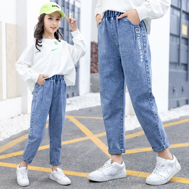 Girl Jeans Spring Autumn Dress Foreign Han Version Casual Long Pants Loose Old Daddy Pants Big Boy Spring Children Pants