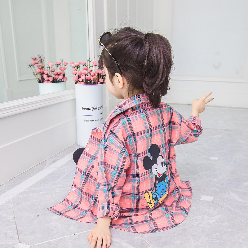 Girl Shirt Spring Autumn Clothing Children CUHK Children's Baby Foreign Pie Plaid Shirt Pure Cotton Spring Medium Long version of blouses