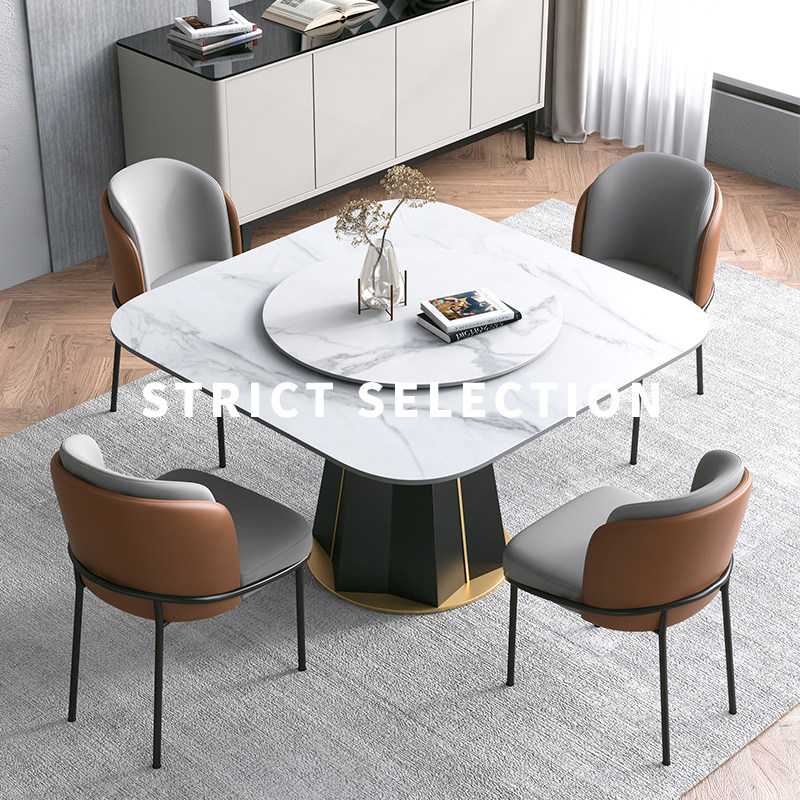 Modern minimalist square slate dining table and chairs marble light luxury home Italian minimalist rounded square table with turntable