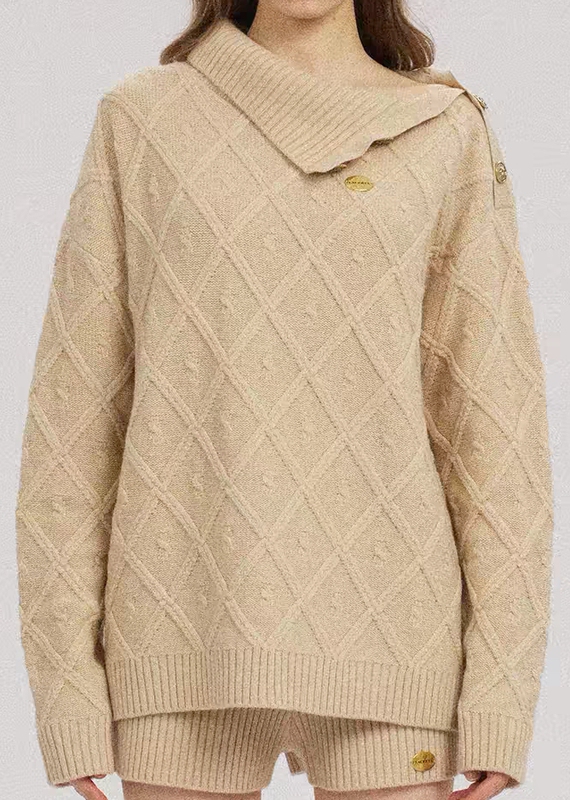 Lac 26 Winter Alain Cable Knit Side Slit Collar Knit Pullover Sweater/Dress/100% Merino Wool Knit Shorts