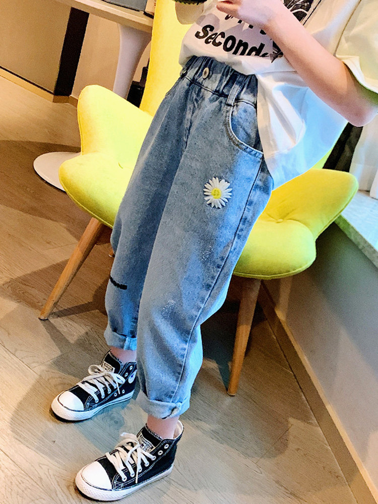 Girls' jeans 2021 new spring and autumn children's loose western style trousers boy's fashion lob pants holding baby bag pants