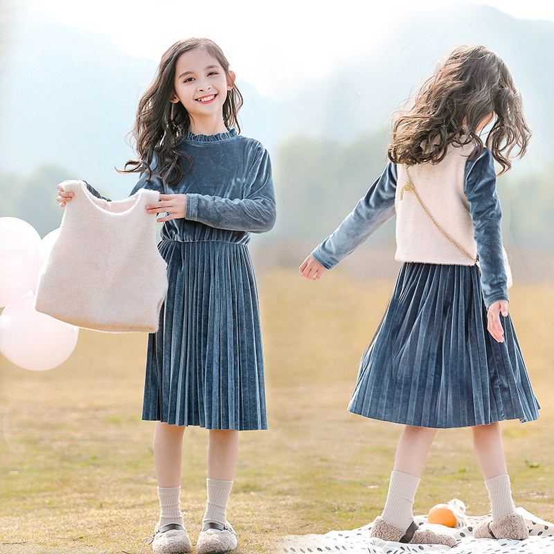 Tide brand Girl Dress Autumn dress 2021 middle child new foreign style princess dress set Spring and Autumn children dress
