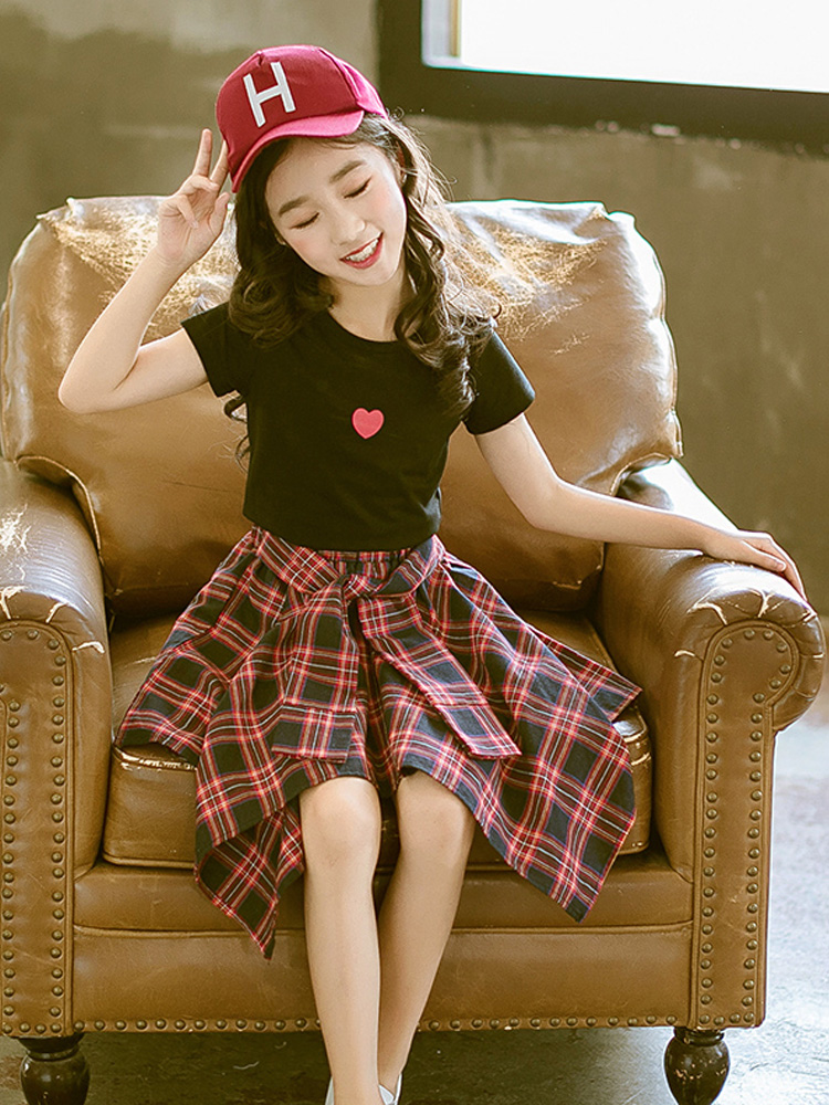 Tidal Girls print T-shirt Summer CUHK Fairy Ocean Faction Plaid Suit Skirt Mesh Red Girl Fashion Children Summer Clothes