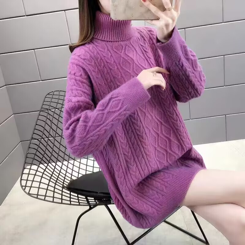 High-Neck Thickened Warm Sweater for Women, New Autumn and Winter Stylish Loose Lazy Style Knitted Base Mid-Length Dress