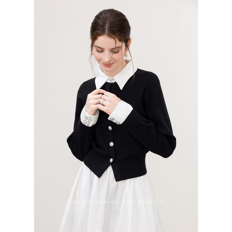 Lulufafa Black and White Patchwork Elegant Slimming Sweater in a Rich Lady Style