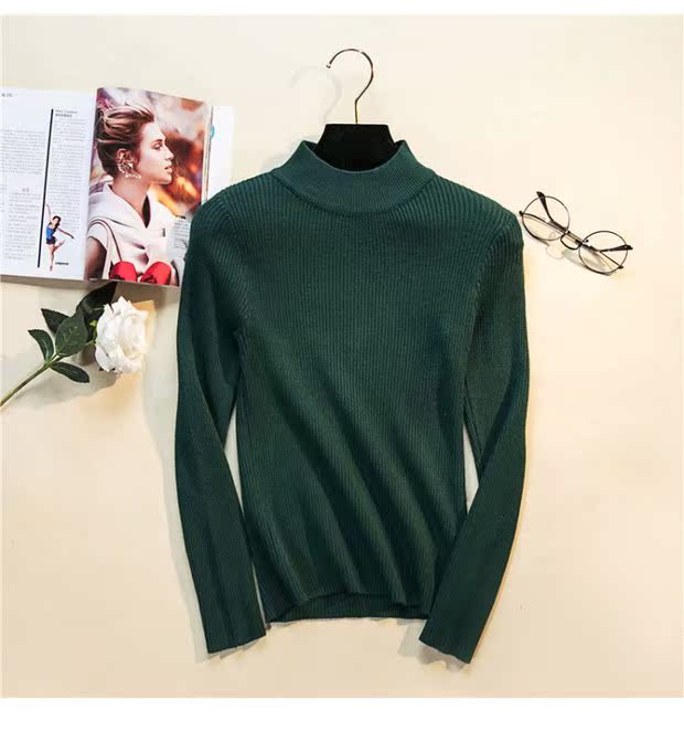 Mùa thu và mùa đông mặc áo thun cổ cao một nửa mỏng Slim thun co giãn chặt chẽ áo khoác cardigan