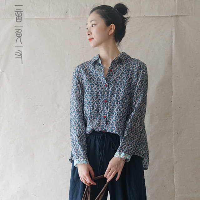 Yiyan cotton and linen spring and summer new products retro style original literary ramie printed long-sleeved shirt Wenqing loose top