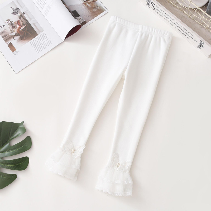 Girls' winter wear underwear lace autumn and winter little girl trousers plus velvet outer wear Western style children's butterfly white pants