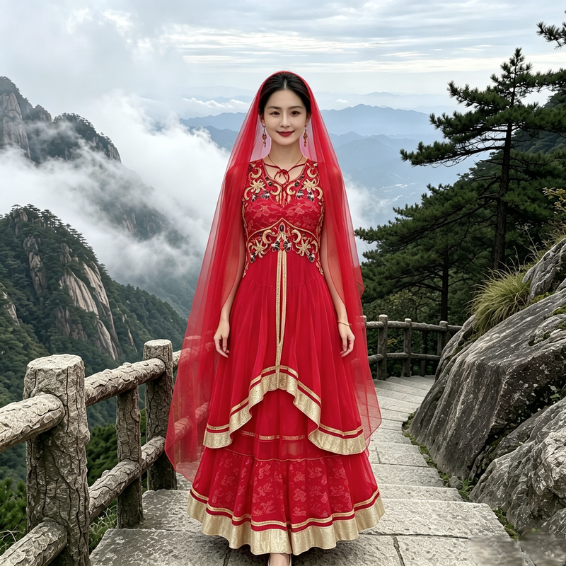 Indian Women's New Formal Dress with Veil Three-Piece Set Nepal Sri Lanka Pakistan Party Wear Red