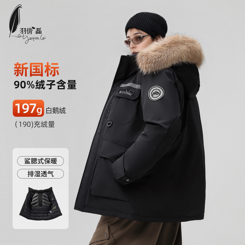 2025 Winter New Men's High-End Outdoor Thickened Warm down Jacket with Hood and Large Fur Collar in Workwear Style