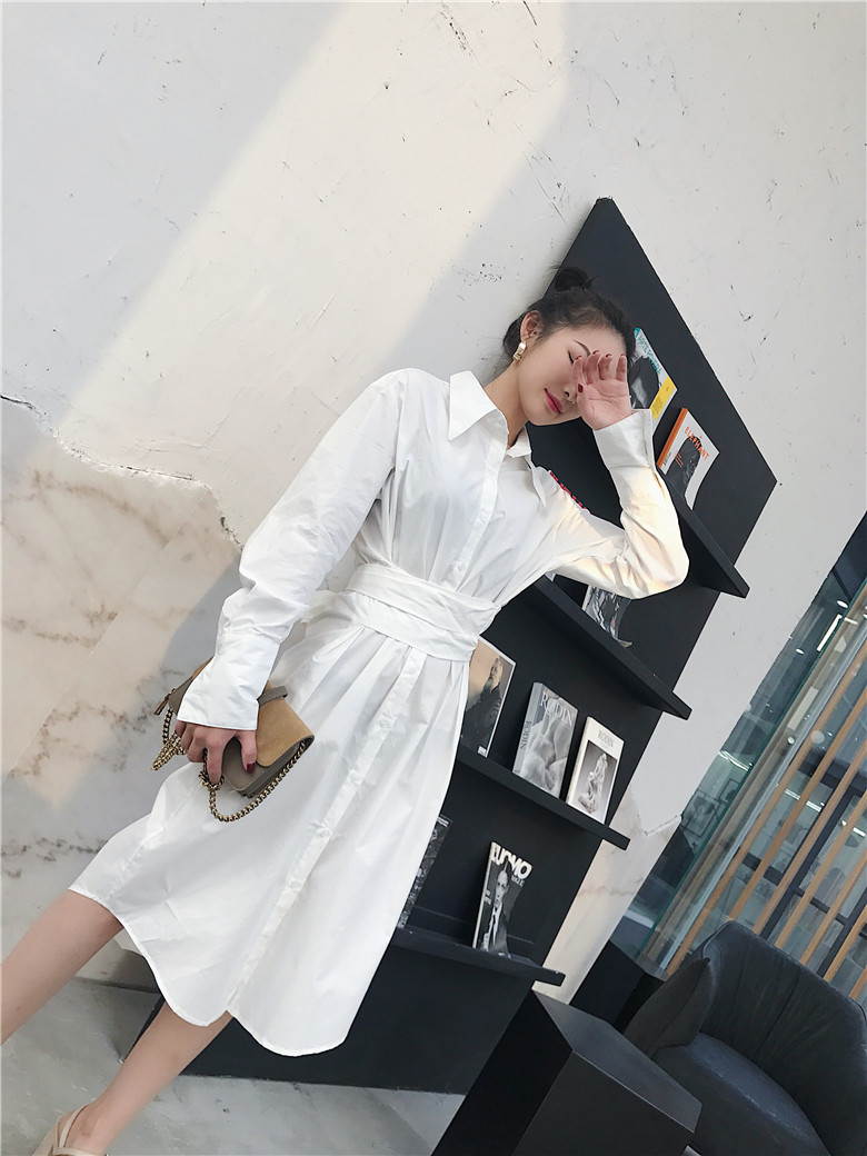 VK旗艦店 韓國風條紋綁帶腰帶百搭襯衫裙長袖洋裝