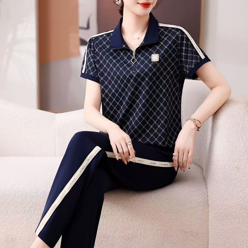 Maxmurny Light Luxury Summer New Ice Silk Casual Suit Round Neck Sweatshirt Sportswear Age-Reducing Stylish Two-Piece Set