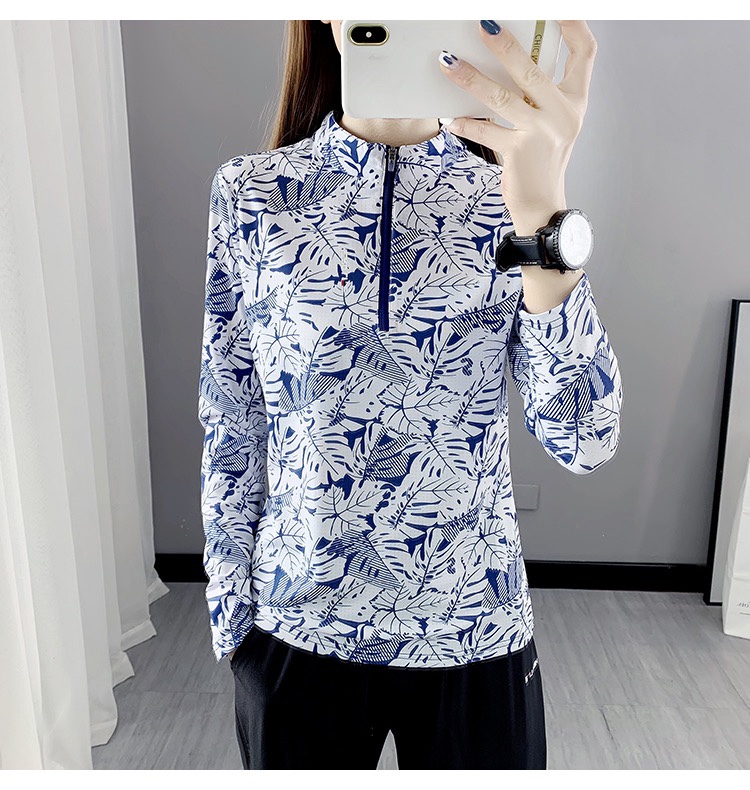 Maple Leaf Printed Quick Dry Long Sleeve Woman Spring Summer Thin stretch Elastic Breathable Upright Collar Outdoor Running Sports Climbing Quick Dry Clothes