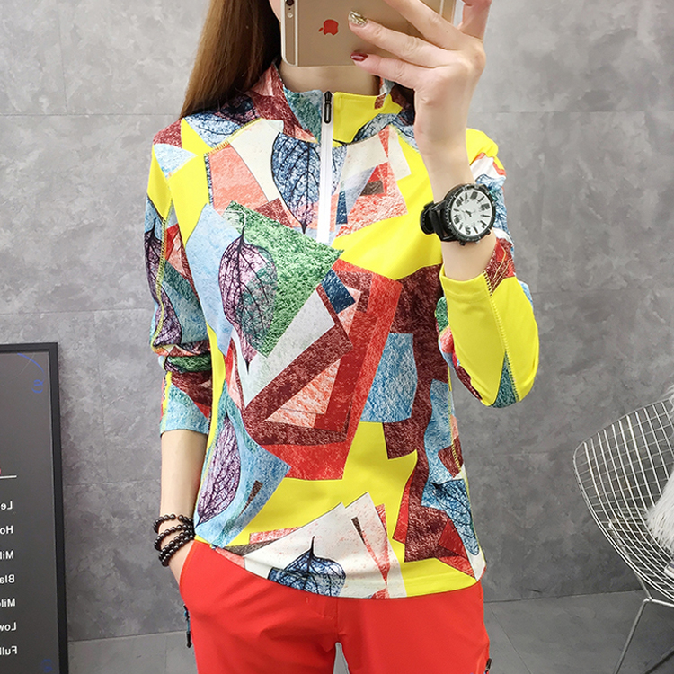 Women's speed dry clothes sports light and thin breathable fitness upright collar camouflares outdoor climbing long sleeves T-Shirt loose Spring Summer