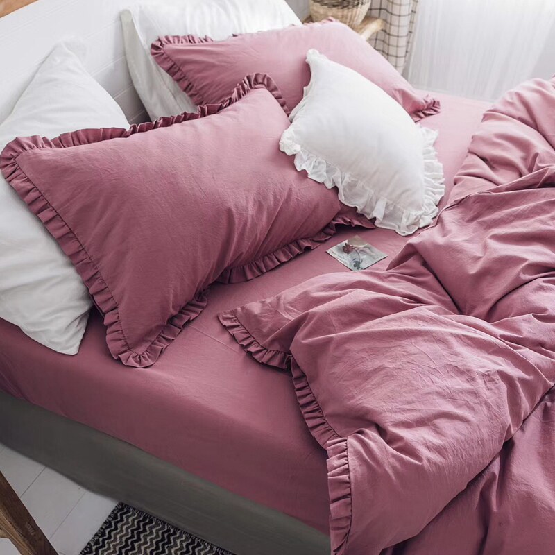 Ins Japanese cotton solid color wash cotton pleated flounces four-piece set of Nordic simple bed sheets bedding 18