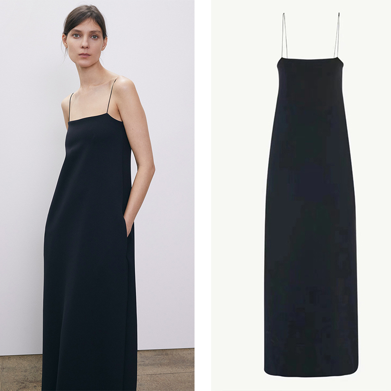 High-End European and American Niche Spaghetti Strap Dress for Women, Unique Design, Simple Black Slim-Fit Long Dress with Thin Straps 2025