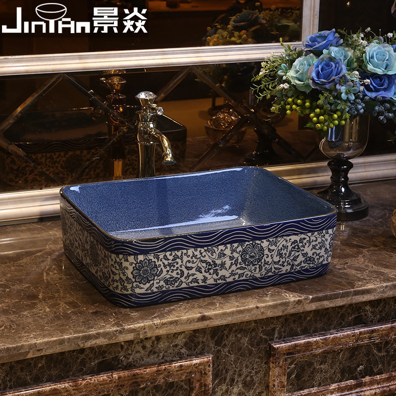 Jingyan Green Blossom Porcelain Art Terrace Basin Rectangular Ceramic Washbasin Chinese Terrace Basin Make-up Room Terrace Washbasin
