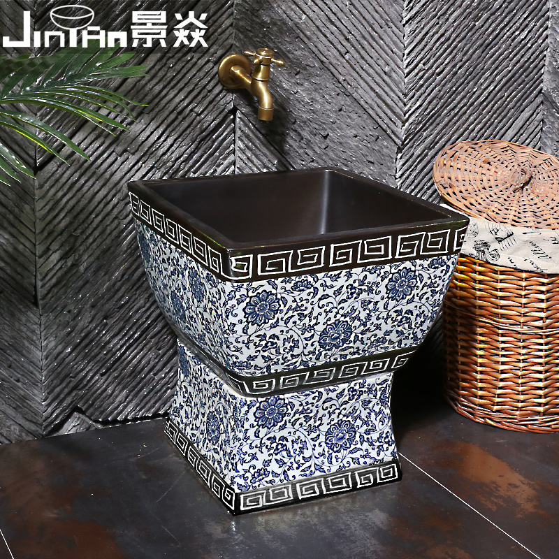 Jingyan blue and white porcelain art mop pond Jingdezhen ceramic pier cloth pool balcony bathroom basin Chinese style mop pool