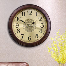 European-style solid wood mute watch wall clock Living room creative decorative art American wall clock Chinese wall watch Quartz clock