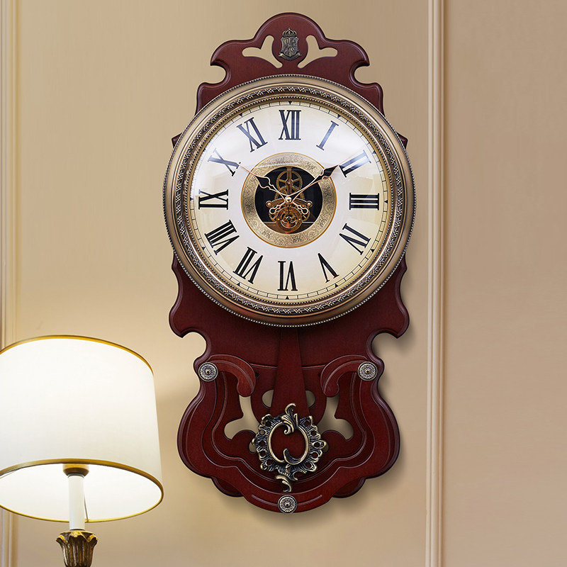 European-style solid wood swing living room mute wall clock American vintage luxury creative wall watch quartz clock gear clock watch