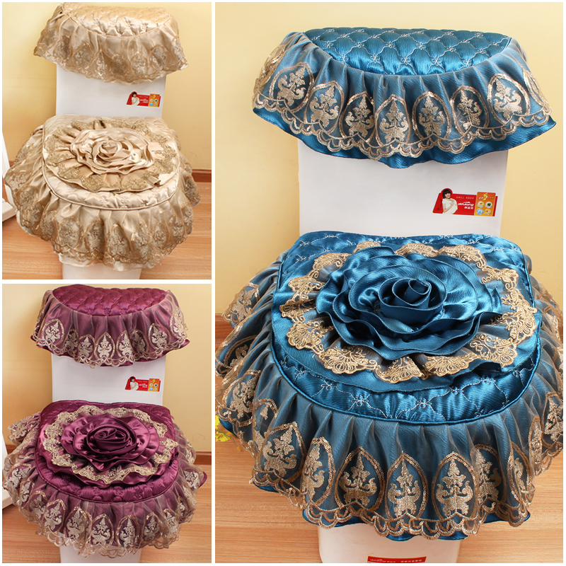 High-grade European toilet three-piece set Fabric lace toilet cover thickened universal cushion toilet pad zipper section