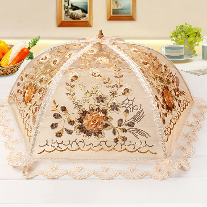 Cover Vegetable Hood Eu Type Lace Pearl Pieces Embroidered Food Hood Upscale Folding Dish Umbrella Anti Fly Hood Rice Dish Hood