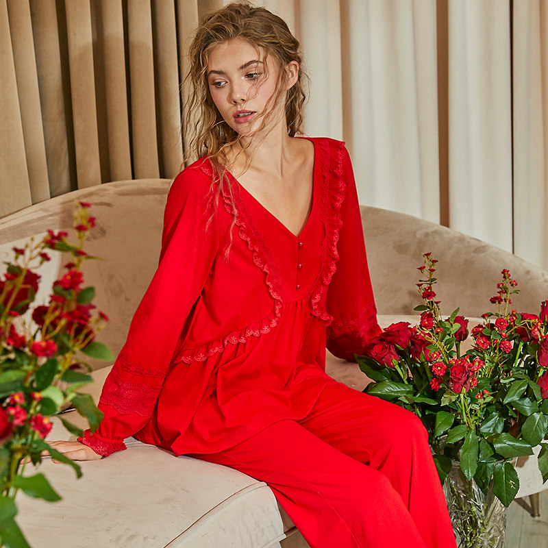 Dust Hee Original Pyjamas Lady Spring Autumn Season Long Sleeves Trousers Suit Knitted Cotton Retro Princess Palace Tugatong